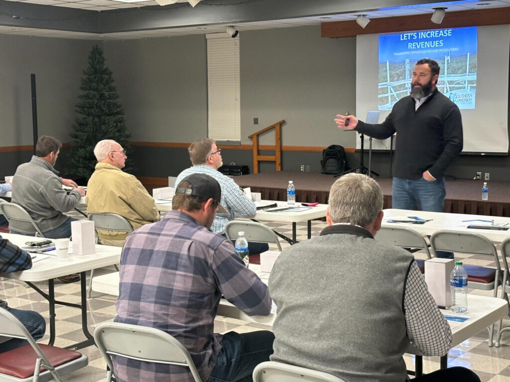 Representative from Southern Corrosion speaks to board members of Alabama Rural Water Association about asset management and water and wastewater best practices.